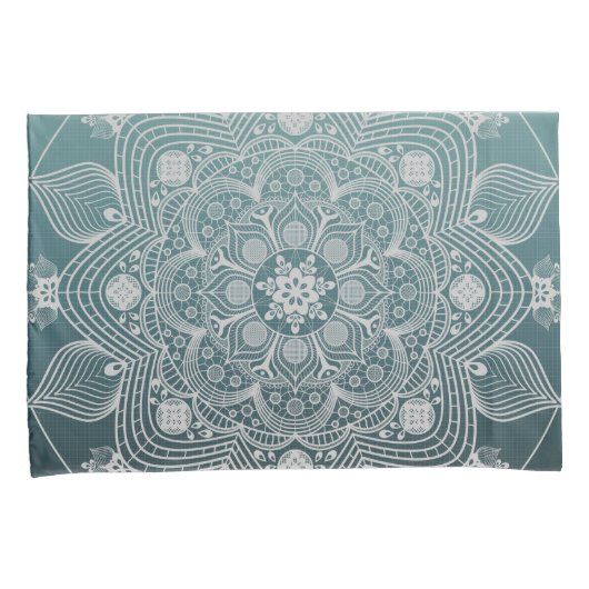 花、葉、ホワイトレースフローラティール(緑がかった色) 枕カバー (正面右)