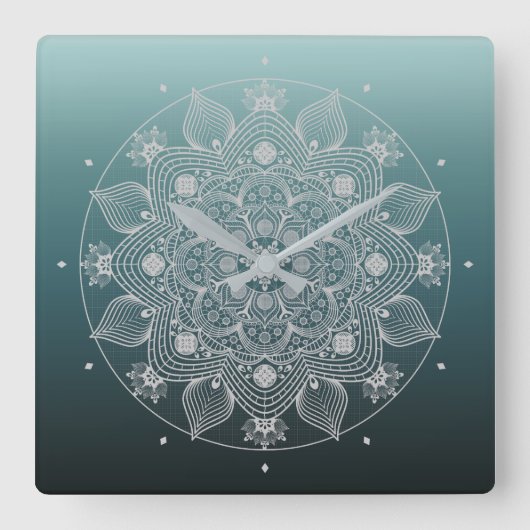 花、葉、白レースフローラティール(緑がかった色) スクエア壁時計 (正面)