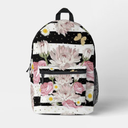 花、蝶とストライプ花 プリントバックパック