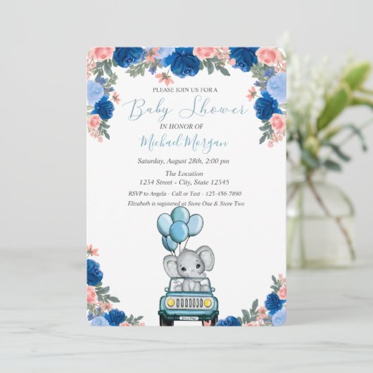花、象の車の赤ちゃんシャワー 招待状 (スタンド正面)