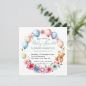 花、風船、テディベアのベビーシャワー 招待状 (スタンド正面)