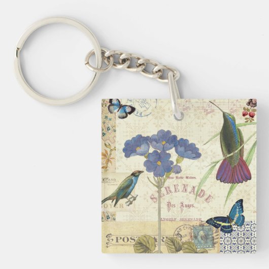 花、鳥および蝶のヴィンテージの花束 キーホルダー (正面)