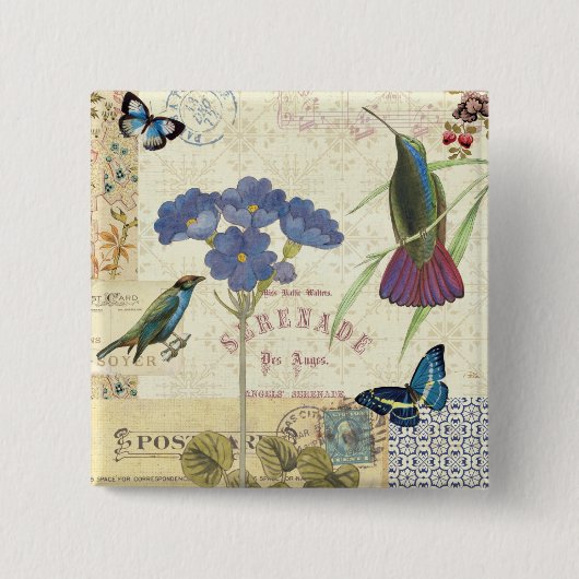 花、鳥および蝶のヴィンテージの花束 缶バッジ (正面)