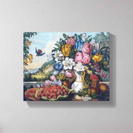 花 鳥 フルーツ 静物画 キャンバスプリント (正面)