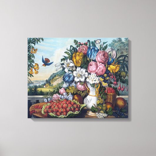 花 鳥 フルーツ 静物画 キャンバスプリント (正面)