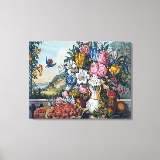 花 鳥 フルーツ 静物画 キャンバスプリント (正面)