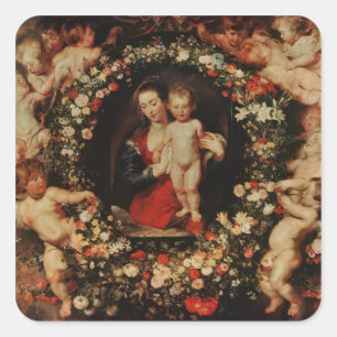 花、c.1618-20の花輪が付いているヴァージン スクエアシール