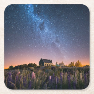 花 Lupines Blooming Lake Tekapo New Zealand スクエアペーパーコースター
