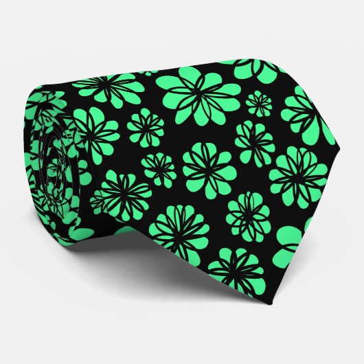 花 – Mint Green on Black ネクタイ (ロール)