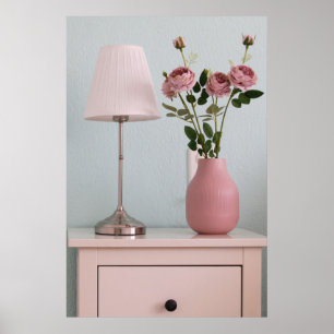 花 Pink Roses on Nightstand ポスター