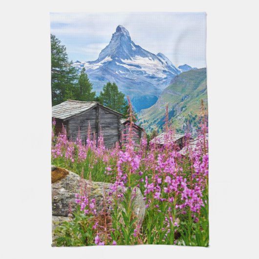 花 Summer Matterhorn Switzerland キッチンタオル (縦)