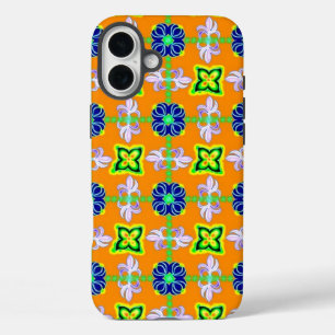 花Artdecoレトロスタイル青黄色 iPhone 16 Plusケース