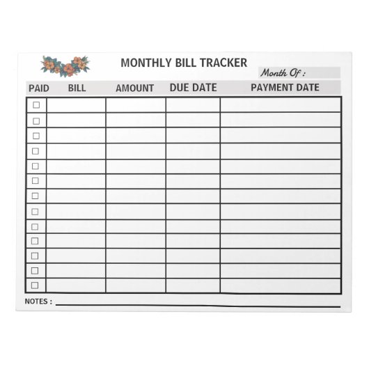 花Monthly Bill Trackerメモ帳パーソナライズ ノートパッド (正面)