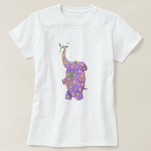 花Tシャツを着おもしろいたハッピーゾウ Tシャツ (デザイン正面)