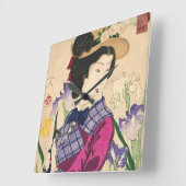 芸者およびアイリス日本人のWoodblockの芸術Ukiyo-e スクエア壁時計 (傾斜)