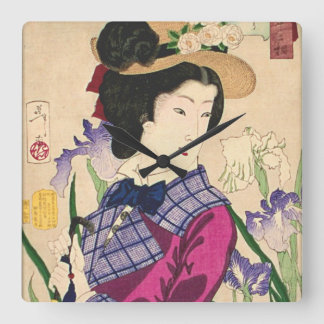 芸者およびアイリス日本人のWoodblockの芸術Ukiyo-e スクエア壁時計
