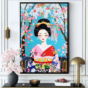 芸者きものさくらんぼ日本のの花の壁画 ポスター