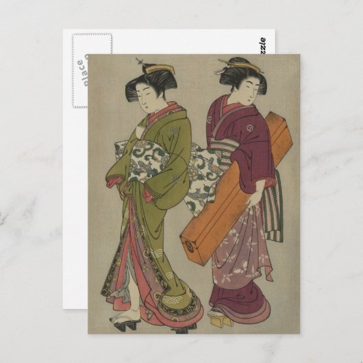 芸者と女中のヴィンテージ日本の芸術 ポストカード (正面/裏面)