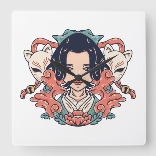芸者と狐 スクエア壁時計 (正面)