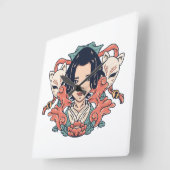 芸者と狐 スクエア壁時計 (傾斜)