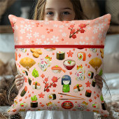 芸者の女の子と箸を使った桃のピンクすし クッション