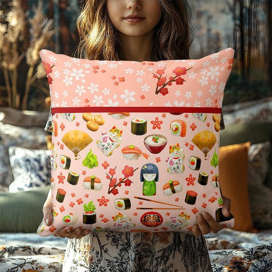 芸者の女の子と箸を使った桃のピンクすし クッション