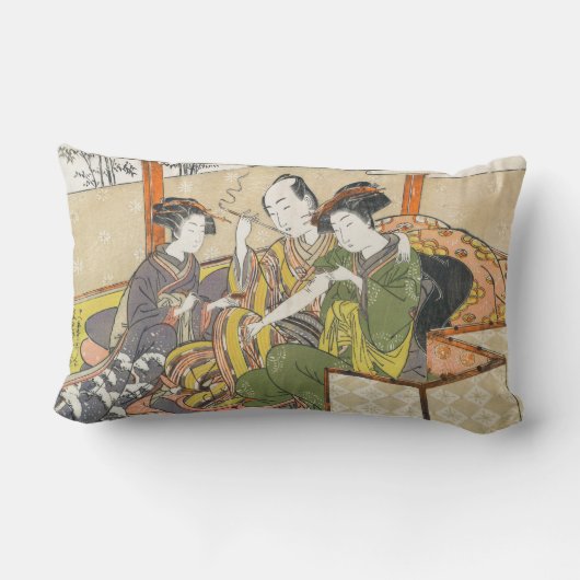 芸者の腕の浮世絵に薬草を注ぐ使用人 ランバークッション (裏面)