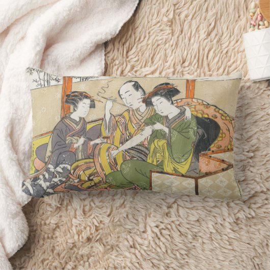 芸者の腕の浮世絵に薬草を注ぐ使用人 ランバークッション (ブランケット)