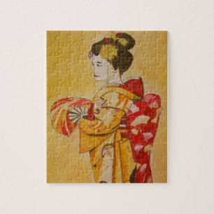芸者の金ゴールドの着物の元の水彩画の芸術 ジグソーパズル