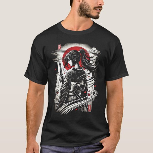 芸者カタナ武士 - 日本のアニメタトゥーアート Tシャツ (正面)
