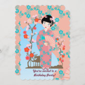 芸者ガールと花の誕生日パーティーの招待状 招待状 (正面/裏面)