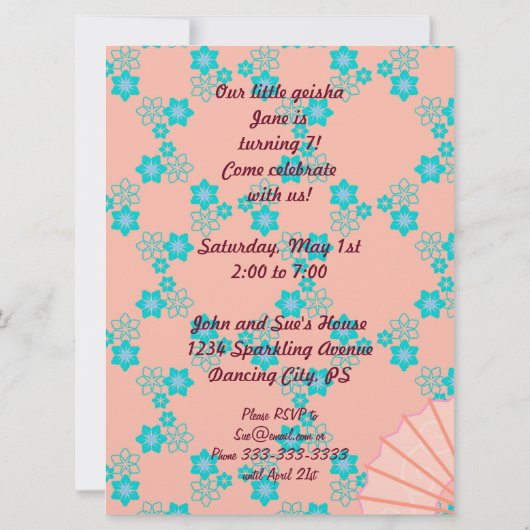 芸者ガールと花の誕生日パーティーの招待状 招待状 (裏面)