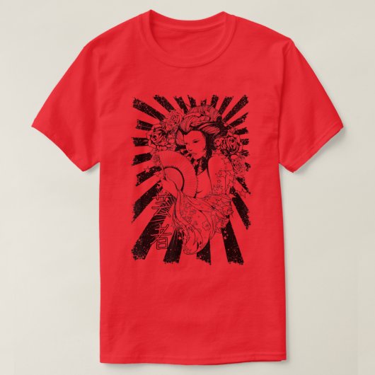 芸者ジャパンガール日本の東京漢字アートレトロV Tシャツ (デザイン正面)