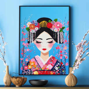 芸者ポートレートさくらんぼ日本の花ズウォールアート ポスター