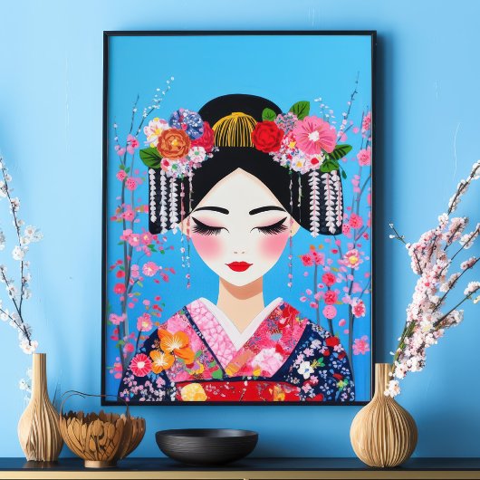 芸者ポートレート 桜の日本壁アート ポスター