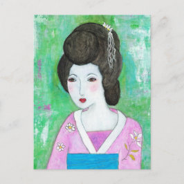芸者少女ミックスメディア抽象絵画 ポストカード