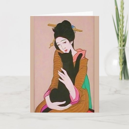 芸者日本のと黒猫のグリーティングカード カード (正面)