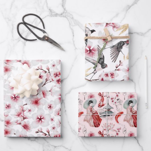 芸者日本のコイと寺水彩包み ラッピングペーパーシート (正面)