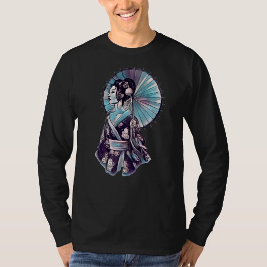 芸者日本のパラソルかわいらしタトゥー侍 Tシャツ (正面)