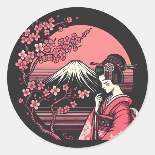 芸者日本の山富士さくらんぼ咲き木 ラウンドシール (正面)