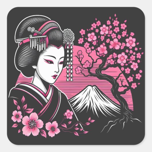 芸者日本の山富士日本のさくらんぼ咲き スクエアシール (正面)