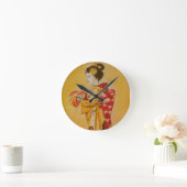 芸者金ゴールドオリジナル水彩画 ラウンド壁時計 (ホーム)
