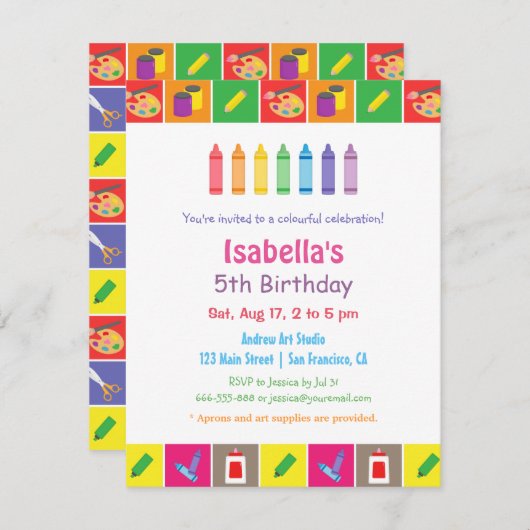芸術および技術のテーマの子供の誕生日のパーティー 招待状 (正面/裏面)