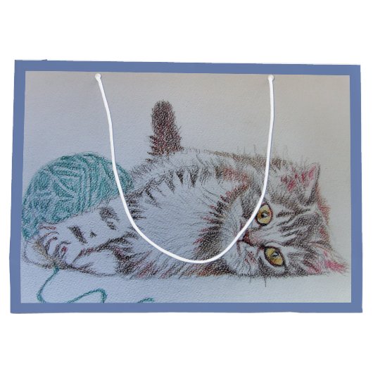 芸術のギフトバッグを遊んでいるかわいい灰色の虎猫猫の子ネコ ラージペーパーバッグ (裏面)