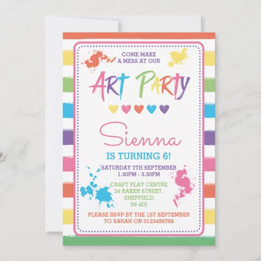 芸術のパーティーのテーマの誕生日のパーティの招待状 招待状 (正面)