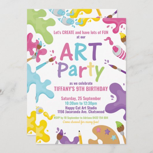芸術のパーティーの誕生日のカラフルな虹のペンキの女の子 招待状 (正面/裏面)