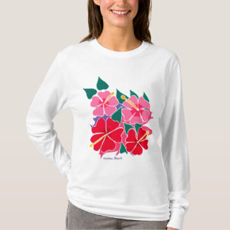 芸術の上: 花いっぱいのハイビスカスの長い袖の上 Tシャツ