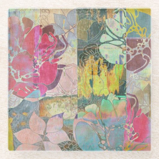 芸術の花のグランジなパターン ガラスコースター (正面)