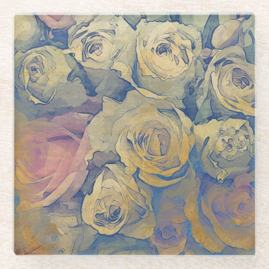 芸術の花のヴィンテージのカラフルの背景 ガラスコースター (正面)