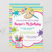 芸術の誕生日の招待状|の女の子の芸術のパーティー 招待状 (正面/裏面)
